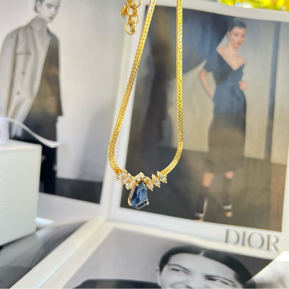 DIOR Water Drop Necklace Gold Plated Christian Dior Jewelry Emerald Cut - Picture 9 of 13